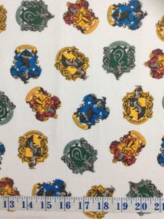 Harry Potter School Crests Tossed White Cotton Quilting Fabric