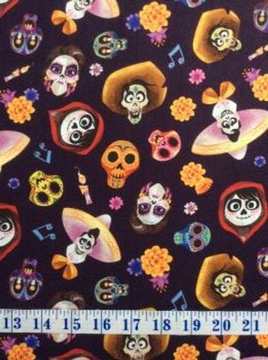 Disney Pixar Coco and Friends Head Toss Dark Purple Cotton Quilting Fabric 1/2 YARD