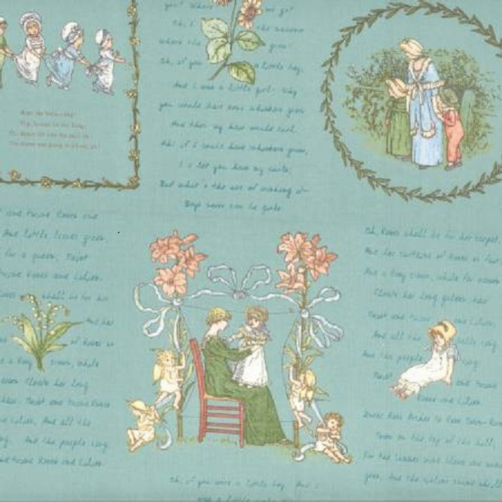 Family and Flowers Scenes Retro Blue Background Kate Greenaway Cotton Quilting Fabric 1/2 YARD