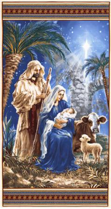 Holy Night Blue Christmas Nativity Scene Cotton Quilting Fabric Panel