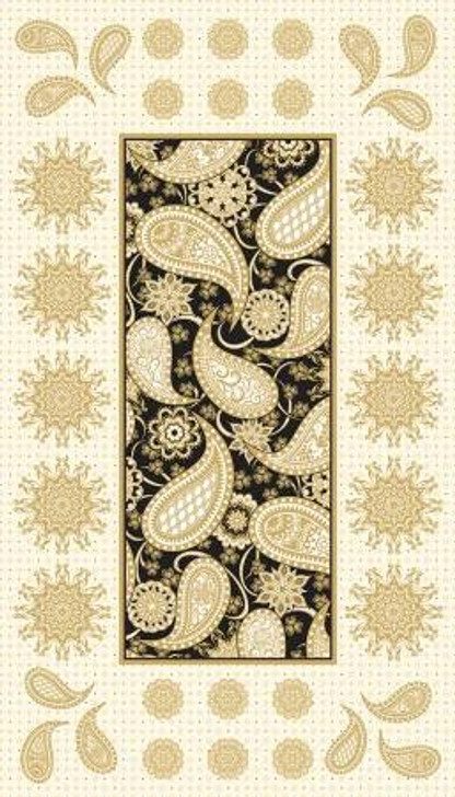 Jubilee Embroidery Floral Black and Gold Metallic Paisley Cotton Quilting Fabric Panel