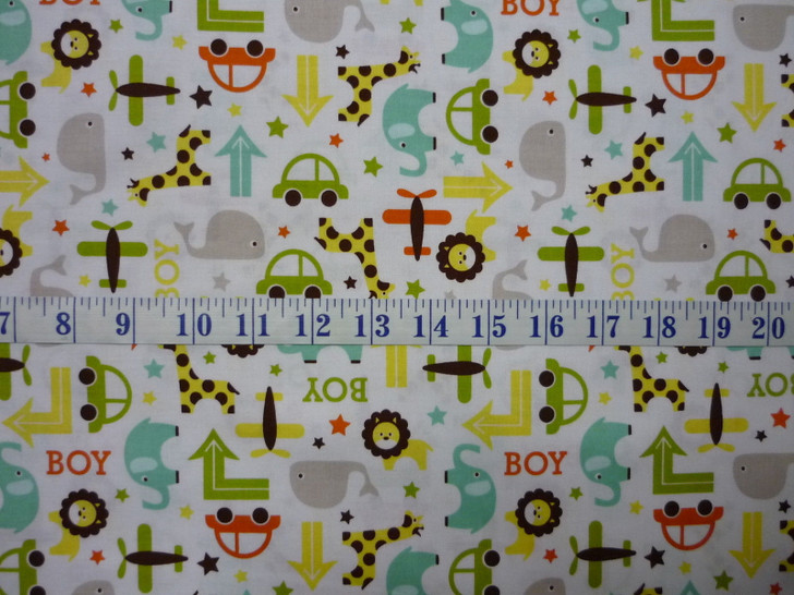 Oh Boy White Cars Planes Giraffes Lions Whales Cotton Quilting Fabric 1/2 YARD