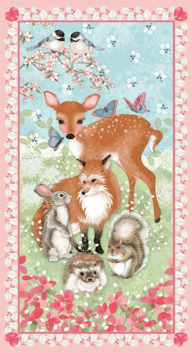 Forest Friends Deer Fox Rabbits Squirrels Birds Cotton Quilting Fabric Panel