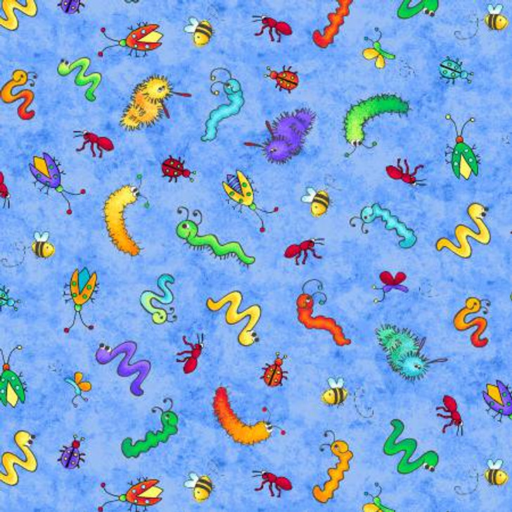 Bugs Wiggly Blue Caterpillars Bees Worms Ants Cotton Quilting Fabric 1/2 YARD