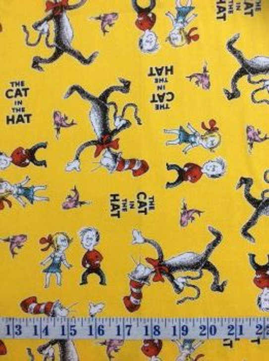 Cat in the Hat Tossed Yellow Cotton Quilting Fabric 1/2 YARD