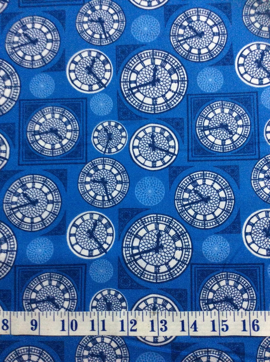 Britannia London Clocks Big Ben Blue Background Cotton Quilting Fabric 1/2 YARD