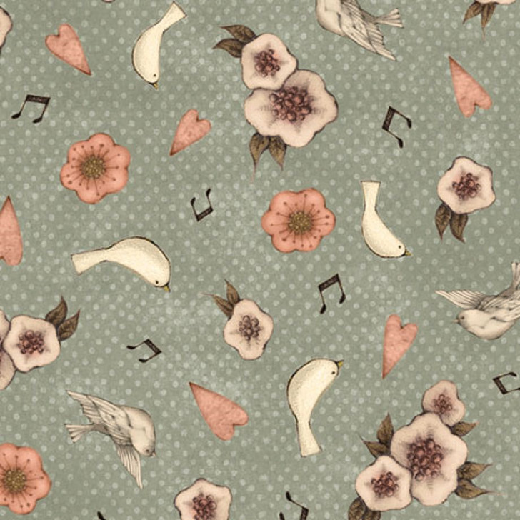 Flower and Dove Toss Dusty Teal Lost Song Cotton Quilting Fabric 1/2 YARD
