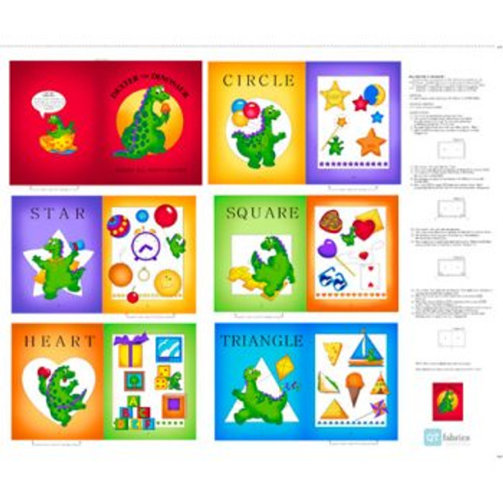 Dexter The Dinosaur Learns About Shapes Cotton Quilting Fabric Book Panel 1