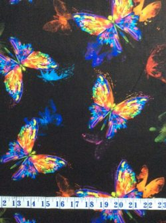 Butterfly Bright Awaken Digital Black Cotton Quilting Fabric 1/2 YARD