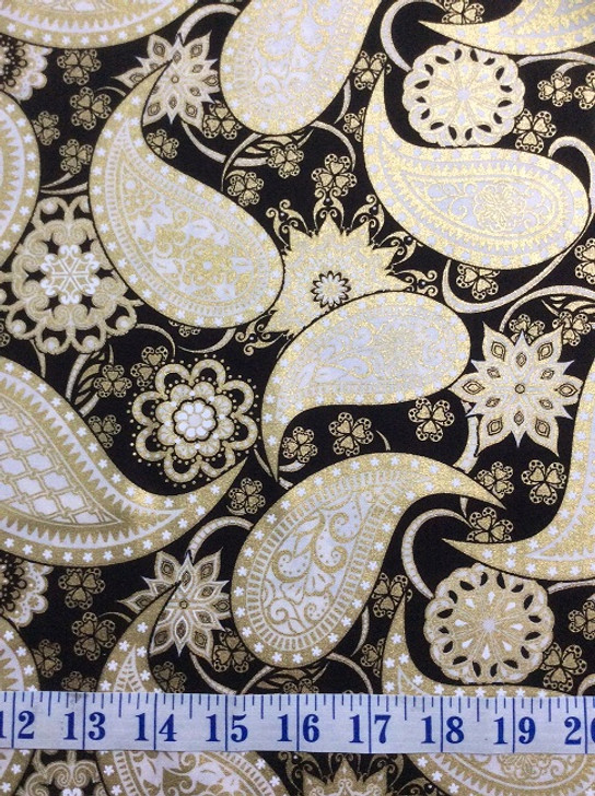 Jubilee Floral Black and Gold Metallic Paisley Cotton Quilting Fabric 1/2 YARD
