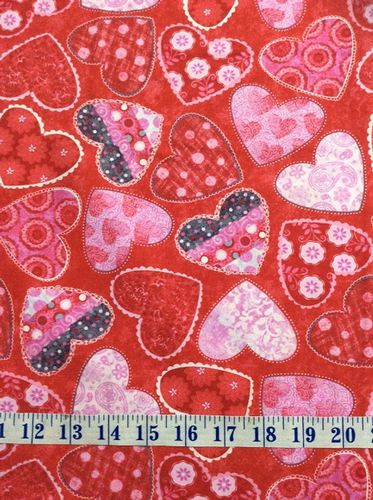 Hearts of Love Tossed Hearts With Patterns Red Cotton Quilting Fabric 1/2 YARD