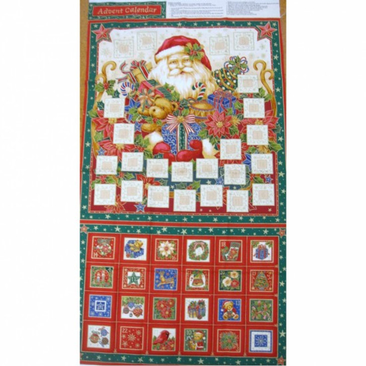 Father Christmas Santa Gold Highlights Advent Calendar Cotton Quilting Fabric Panel