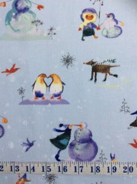 Winter Love Light Blue Grey Toile Cotton Quilting Fabric 1/2 YARD