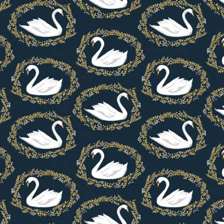 Swans White Black Background Dear Stella Cotton Quilting Fabric 1/2 YARD