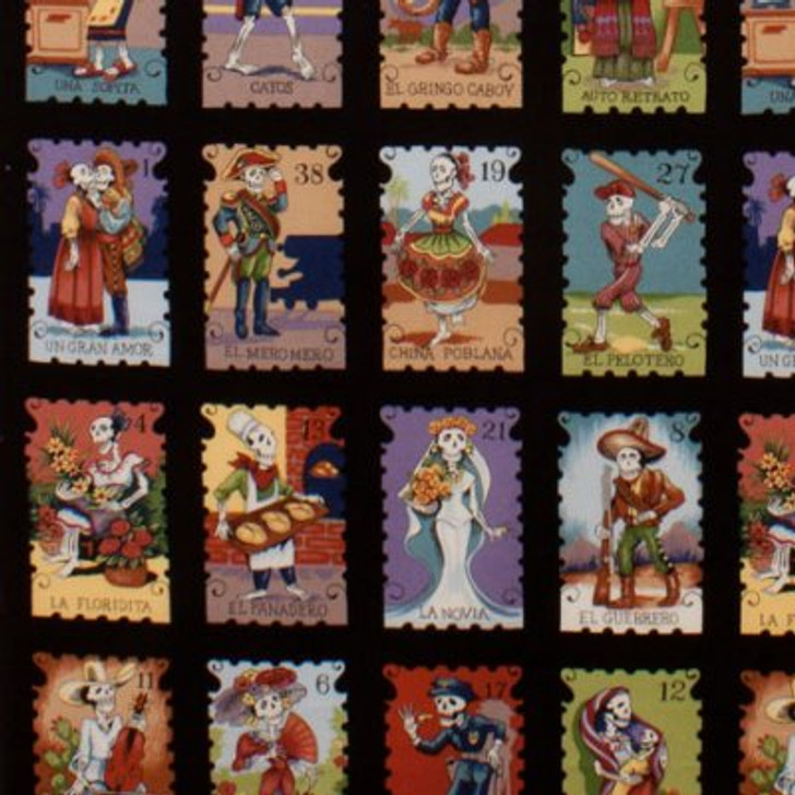 Cartas Marcadas Folklorico Skeletons Tarot Cards Black Cotton Quilting Fabric 1/2 YARD