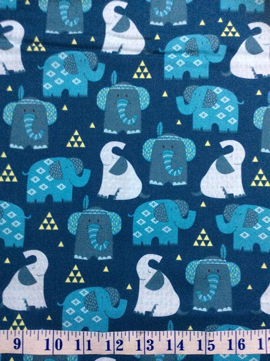 Boho Baby Blue Elephants Navy Background Cotton Quilting Fabric 1/2 YARD