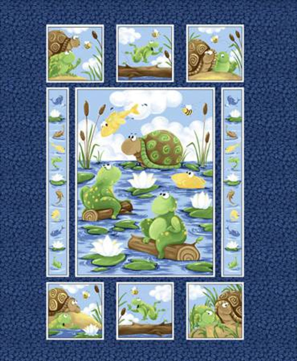 Susybee Paul and Sheldon Gone Fishing Navy Cotton Quilting Fabric Panel