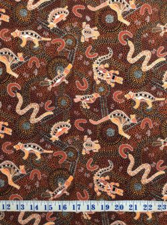 Australian Aboriginal Inspired Art Cudgegong Snakes Goannas Kangaroos Cotton Quilting Fabric 1/2 YARD