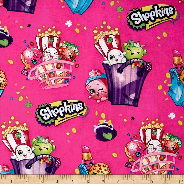 Shopkins Bags of Fun Moose Pink Cotton Quilting Fabric 1/2 YARD