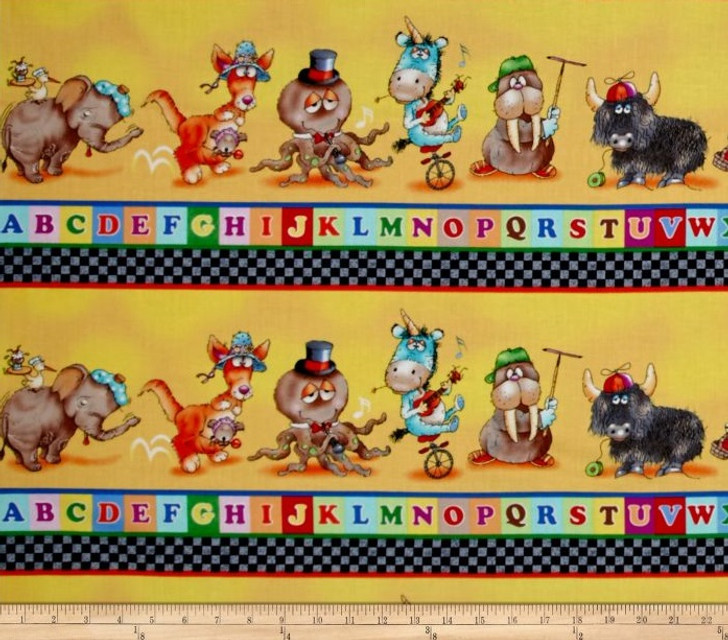 Alphabet Animal Friends ABC Border Cotton Fabric Panel 44 inches x 15.75 inches