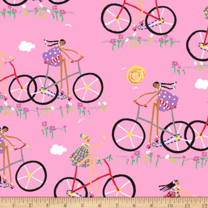 City Gals Tall Girl On Bike Pink Cotton Quilting Fabric 1/2 YARD