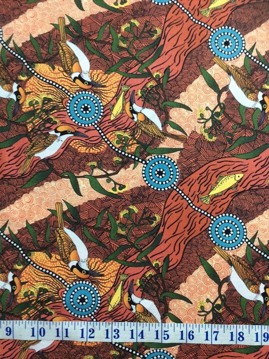 Australian Aboriginal Art Kingfisher Camp by Nambooka Cotton Quilting Fabric 1/2 YARD