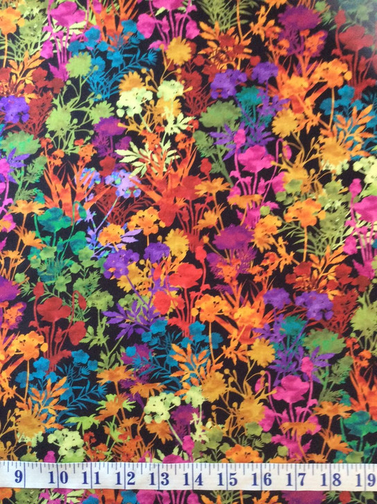 Flowers Rainbow Colours Multi Black Background Dreamscape II Cotton Quilting Fabric 1/2 YARD