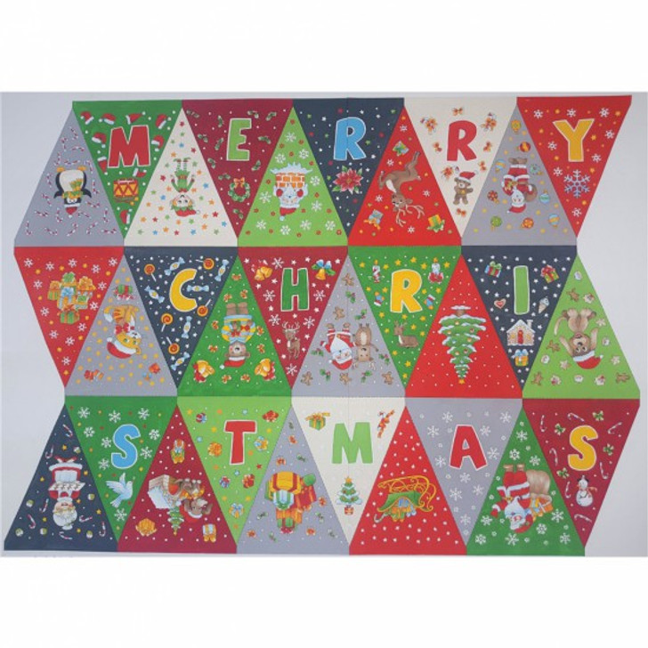 Christmas Bunting Santa Reindeer Presents Cotton Quilting Fabric Panel