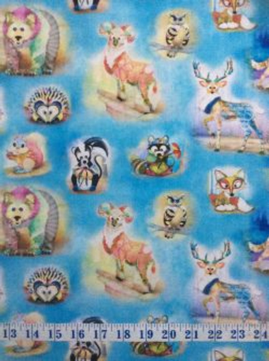 3 Wishes Wild and Whimsy Forest Animals Multi Blue Cotton Quilting Fabric 1/2 YARD