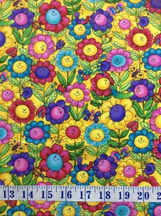 Sunny Days Giggly Flowers Yellow Cotton Quilting Fabric 1/2 YARD