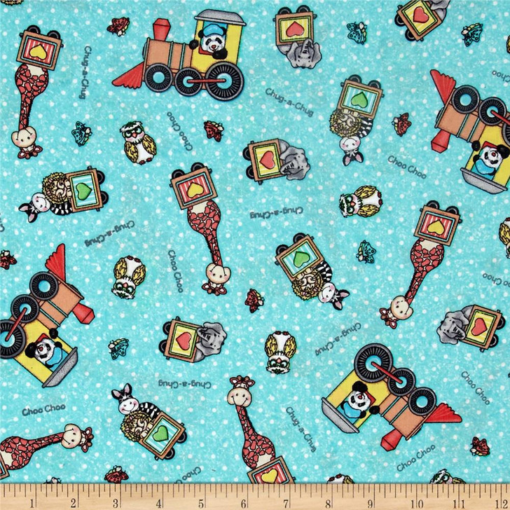 Bazooples Choo Choo Train Panda Toss Turquoise Cotton Quilting Fabric 1/2 YARD