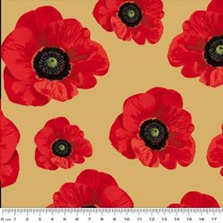 Remembering the ANZACS WW1 Poppies Beige Large Cotton Quilting Fabric 1/2 YARD