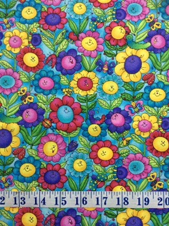 Sunny Days Giggly Flowers Blue Cotton Quilting Fabric 1/2 YARD