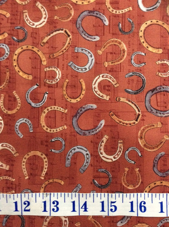 Cowboys Western Horse Shoes Mountain Pass Clay Cotton Quilting Fabric 1/2 YARD