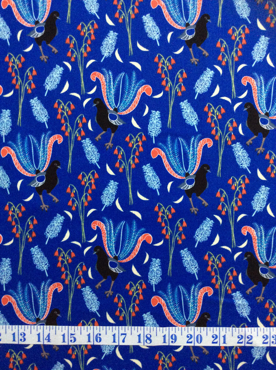 Outback Beauty Lavish Lyrebirds Blue Background Cotton Quilting Fabric 1/2 YARD