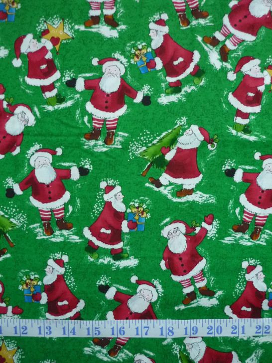 Holly Jolly Christmas Santa Green Background Cotton Quilting Fabric 1/2 YARD