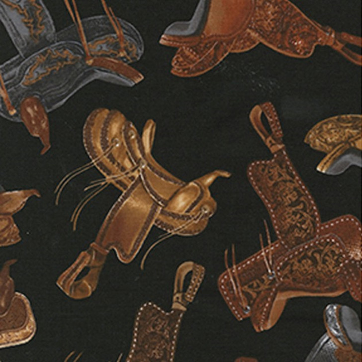 Wild Wild West Saddles Black Background Cotton Quilting Fabric 1/2 YARD