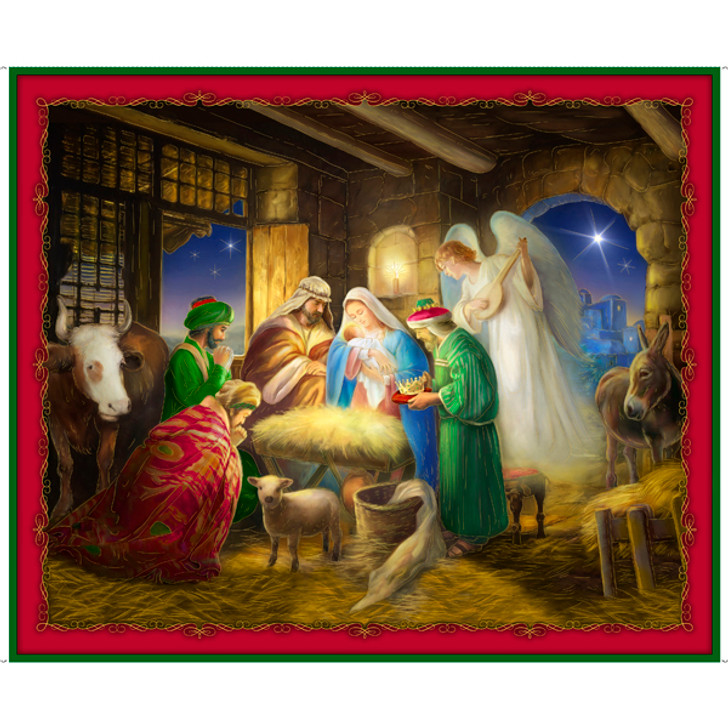 Christmas Nativity Born Is The King Cotton Quilting Fabric Panel