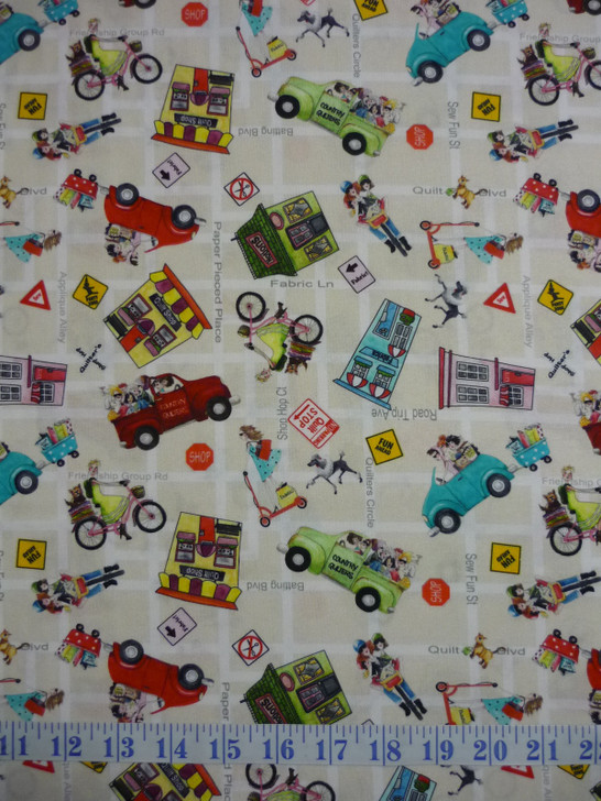 Quilt Shop Hop Toss Tan Cotton Quilting Fabric