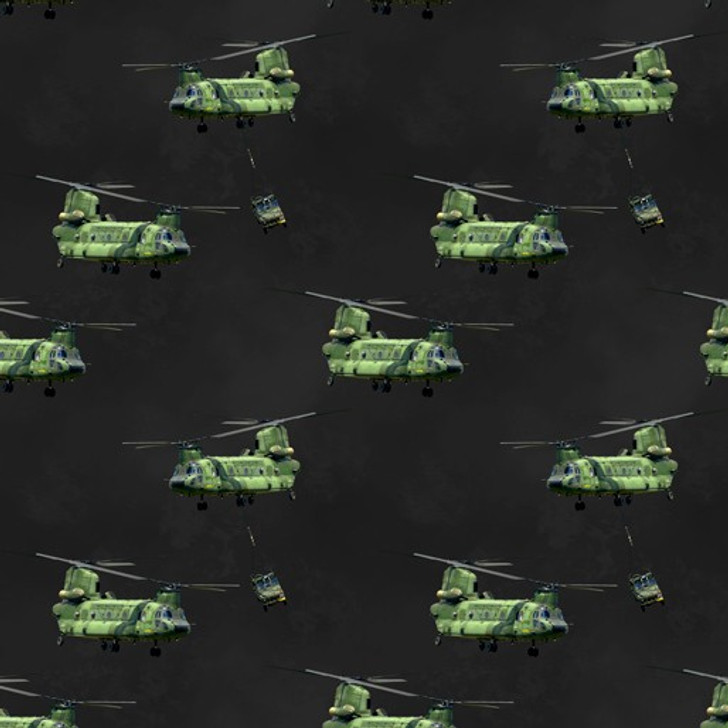 Remembering Vietnam War ANZACS Chinook Helicopters Charcoal Cotton Quilting Fabric