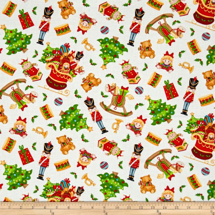 Father Christmas Santa Jolly Ole St Nick Toys Tossed White Cotton Quilting Fabric 1/2 YARD