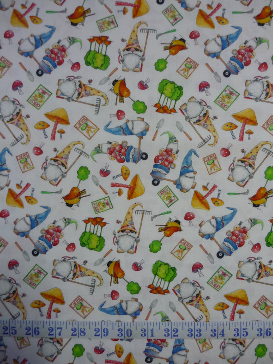 Gnomesville Gnomes and Vegie Toss White Cotton Quilting Fabric