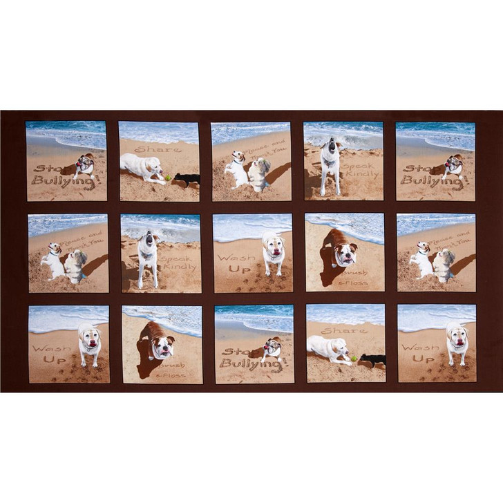 Dogs Beach Sand Scribbles Scenic Cotton Quilting Fabric Panel