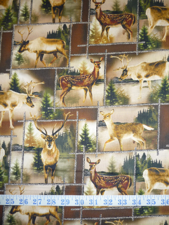 Kanvas Lodge Deer Patch Scenic Brown Cotton Quilting Fabric