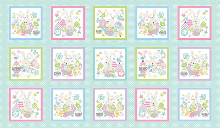 Easter Bunny Some Bunny Loves You Boxes Medium Aqua Cotton Quilting Fabric Panel