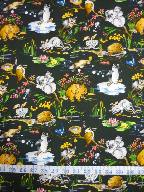 Aussie Nursery Australian Baby Animals Dark Grey Cotton Quilting Fabric