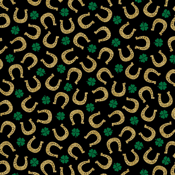 Horse Shoe-Lucky Shamrock Clover-Black Background-Cotton Quilting Fabric 1/2 YARD