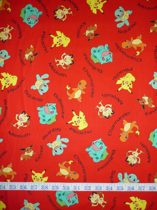 Pokemon Characters Multi Red Background Cotton Quilting Fabric