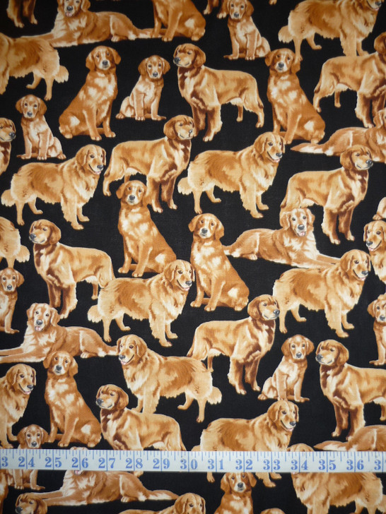 Golden Retriever Dog Black Background Cotton Quilting Fabric