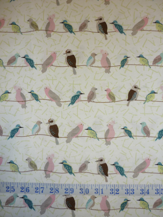 Aussie Feathered Friends Birds on Line Green Cotton Quilting Fabric